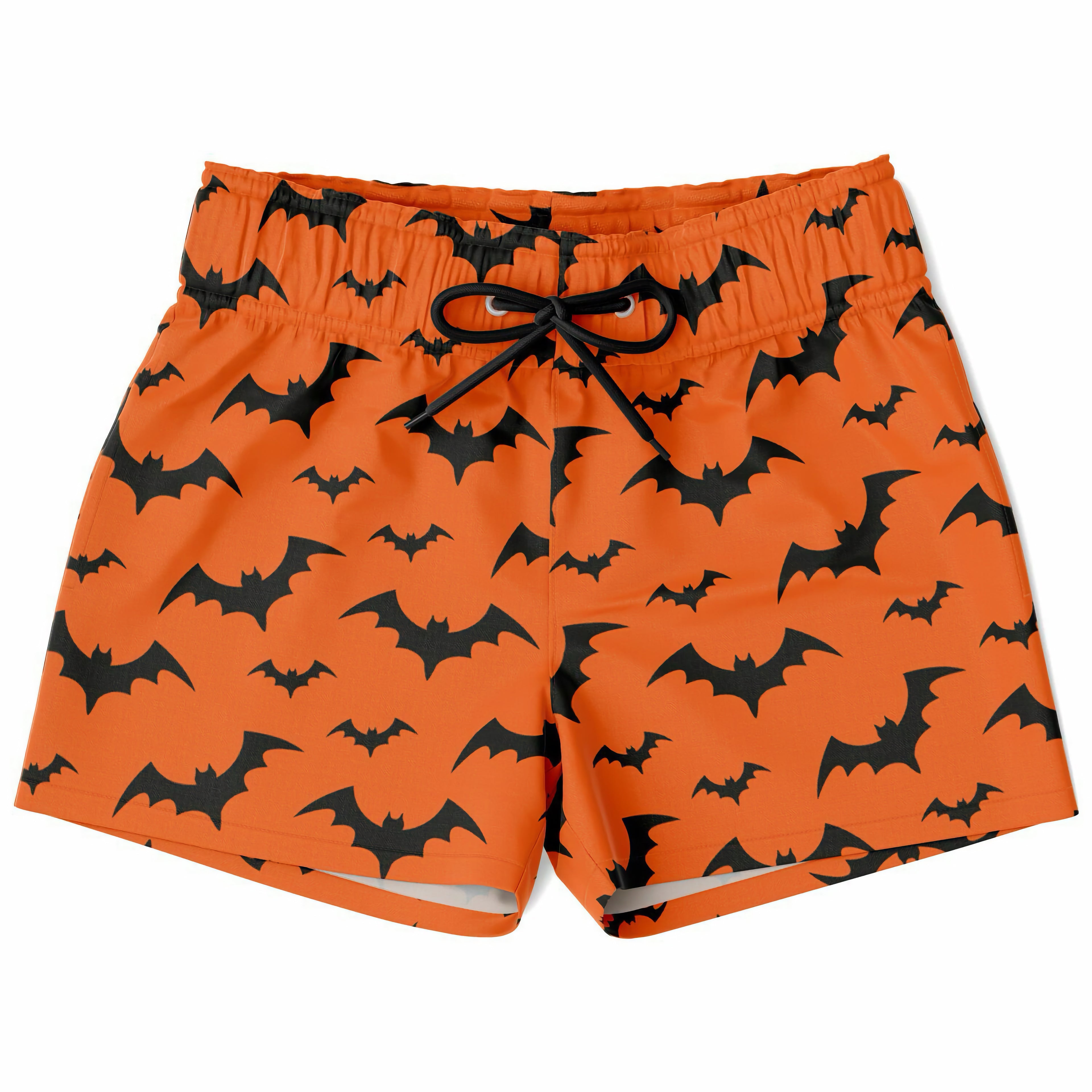 Boys orange quick drying swim trunks with black bat patterns and a drawstring waistband for halloween use