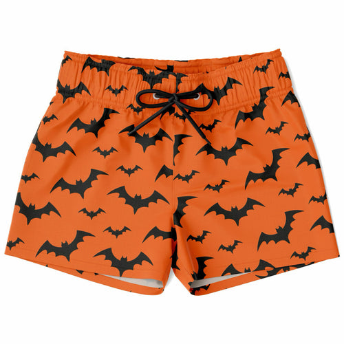 Boys orange quick drying swim trunks with black bat patterns and a drawstring waistband for halloween use