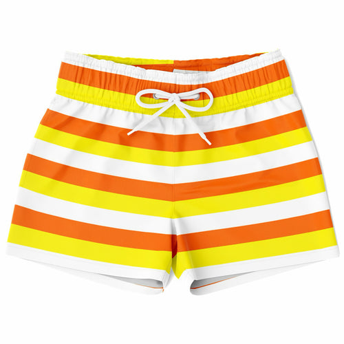 Boys candy corn stripes quick drying swim trunks with bright orange and yellow stripes and a white drawstring waistband