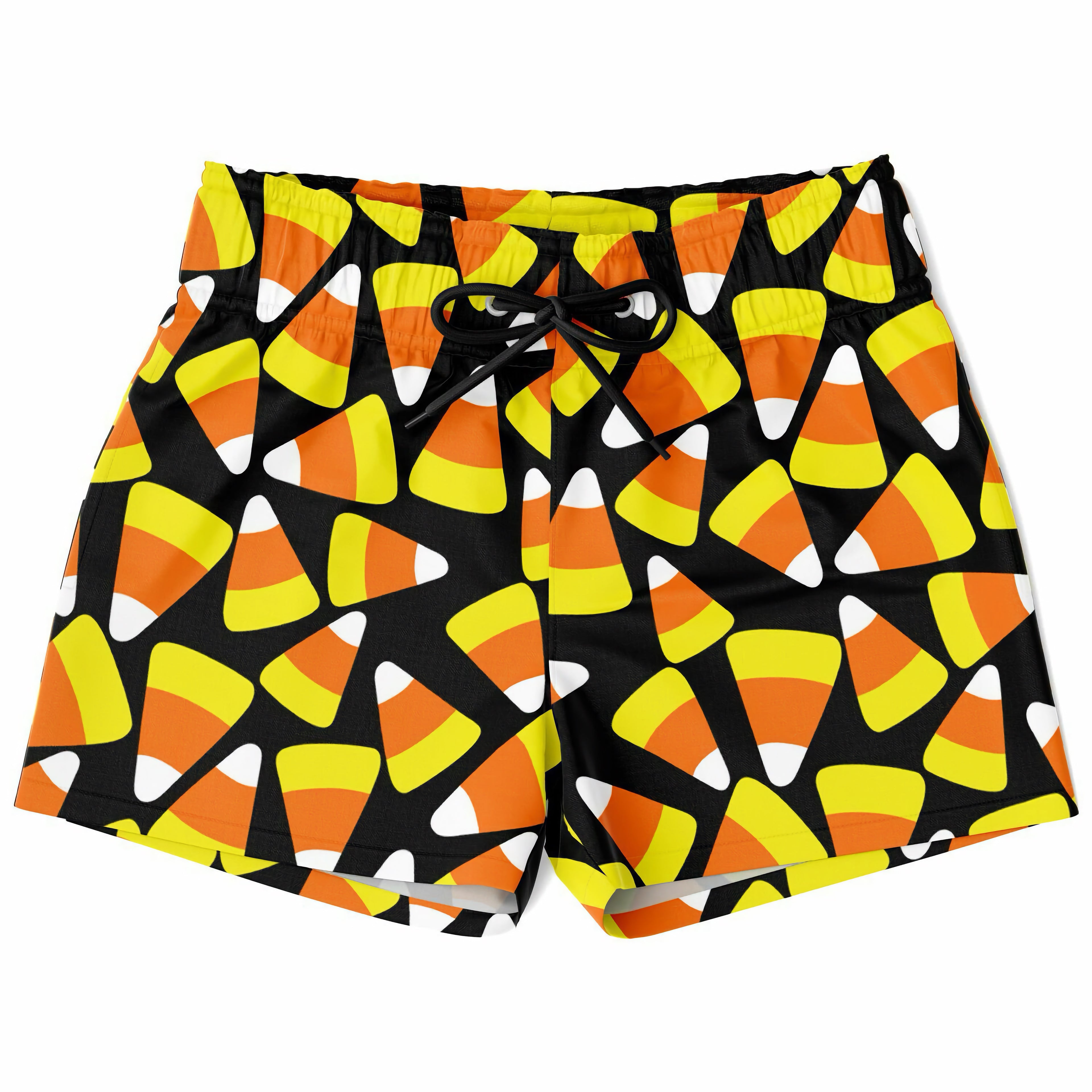 Boys candy corn quick drying swim trunks in black featuring a vibrant pattern of orange yellow and white candy corn shapes