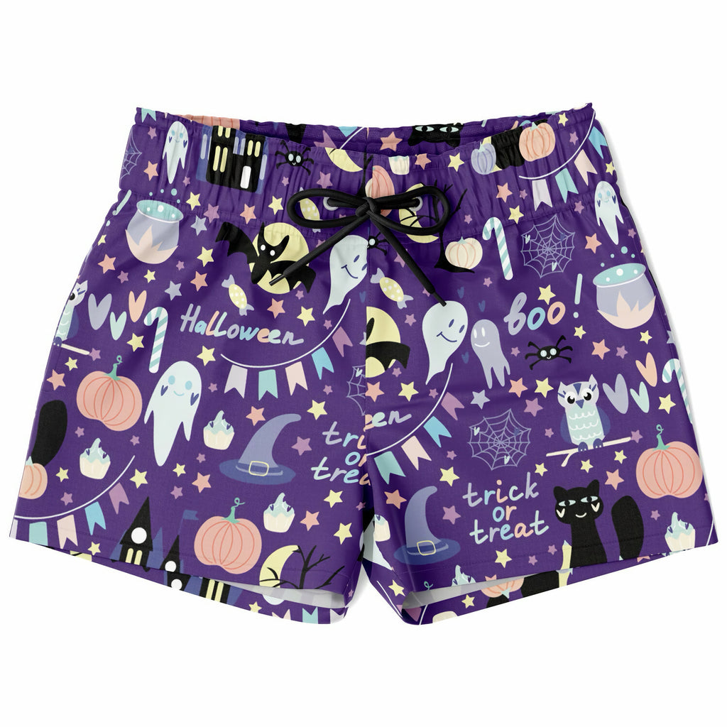 Boys spooky halloween quick drying purple swim trunks with playful ghost bat pumpkin pattern and black drawstrings