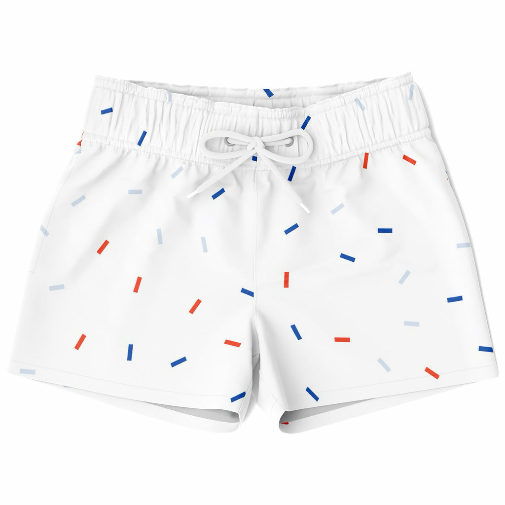 Boys red white and blue confetti quick drying swim trunks with white fabric and red blue gray stripe pattern