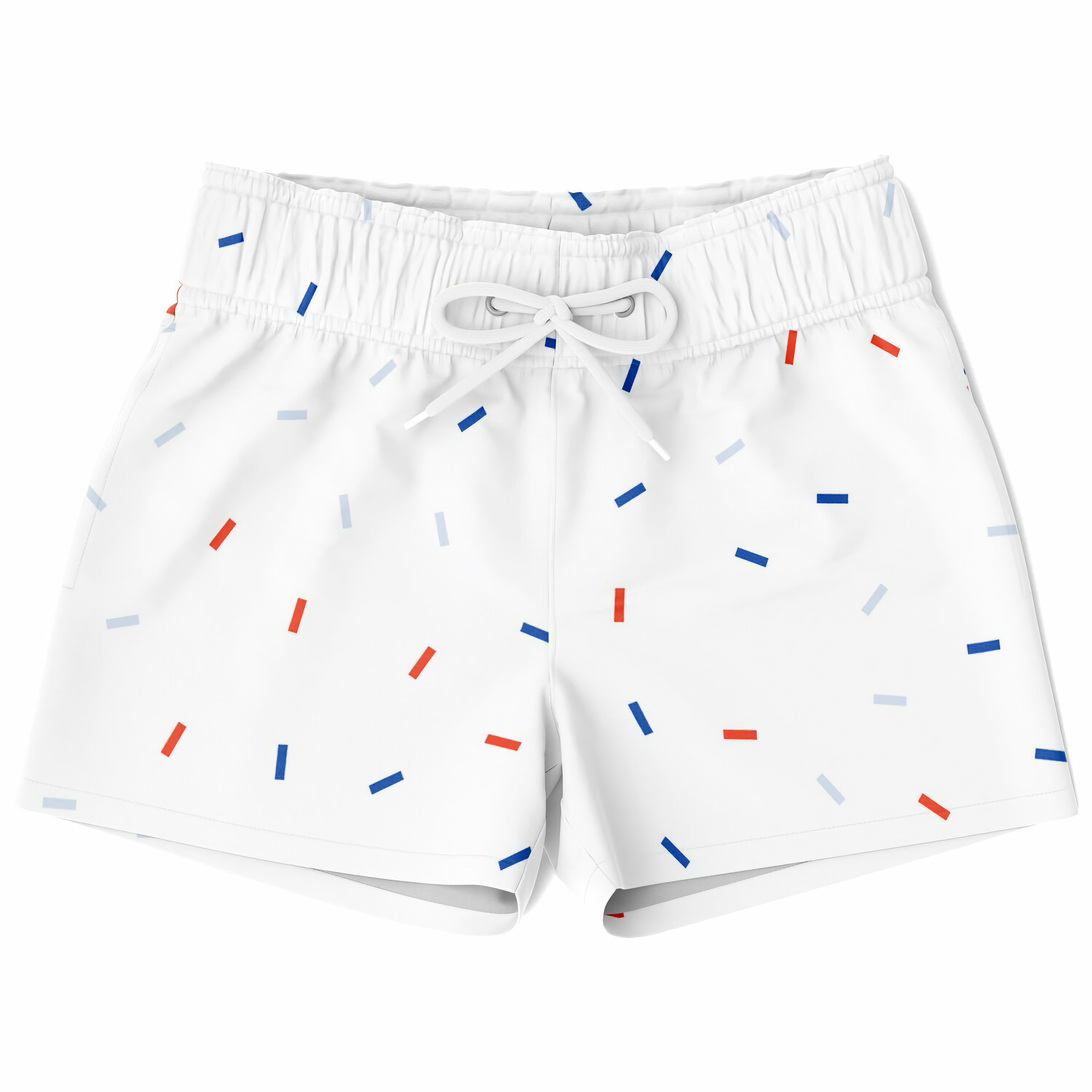 Boys red white and blue confetti quick drying swim trunks with white fabric and red blue gray stripe pattern