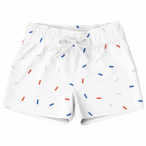 Boys red white and blue confetti quick drying swim trunks with white fabric and red blue gray stripe pattern