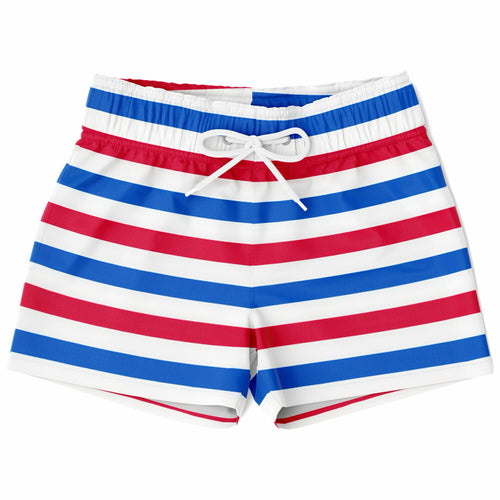 Boys red white and blue striped quick drying swim trunks with drawstring waistband for swimming and beachwear