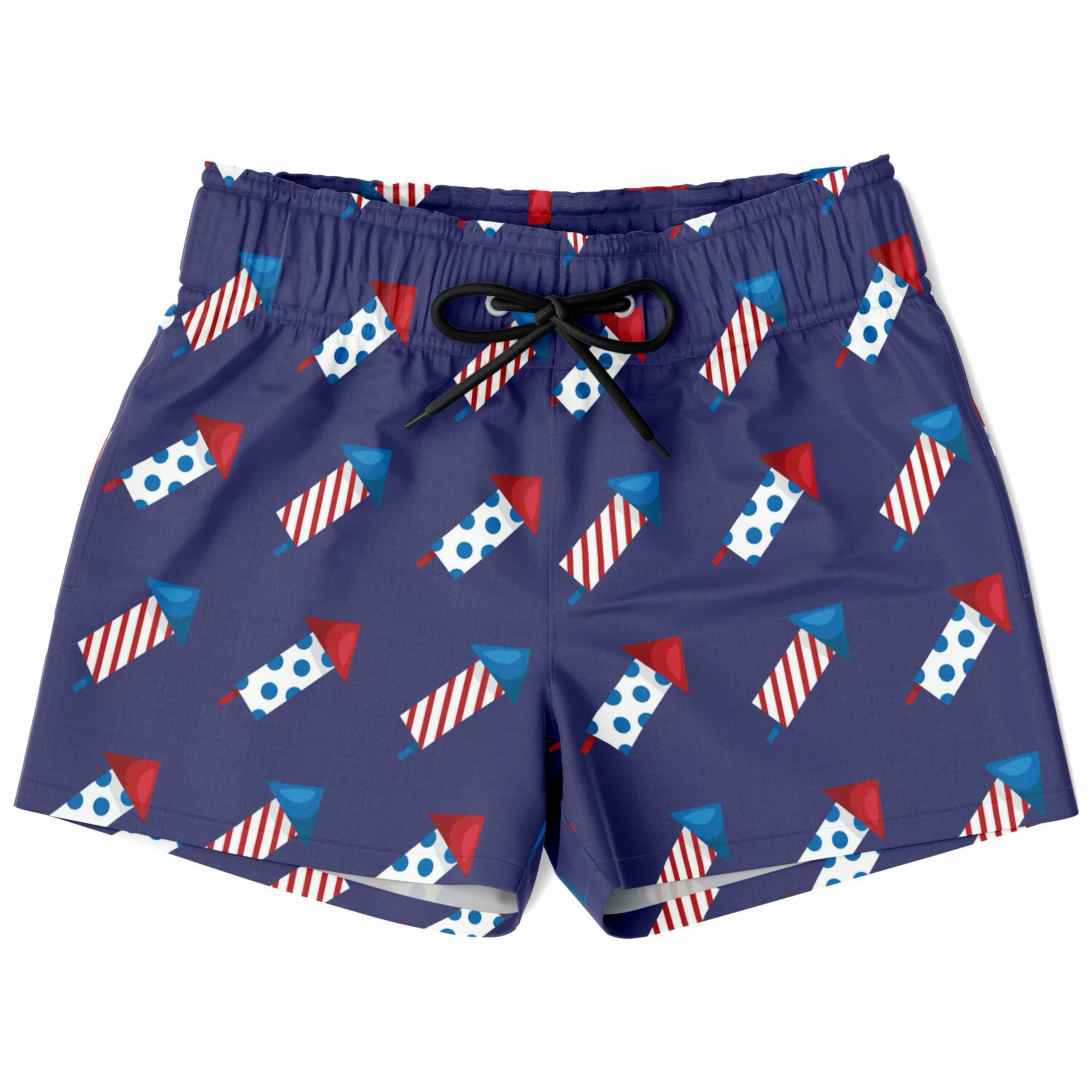 Navy blue boys firework rocket quick drying swim trunks with red white and blue fireworks pattern