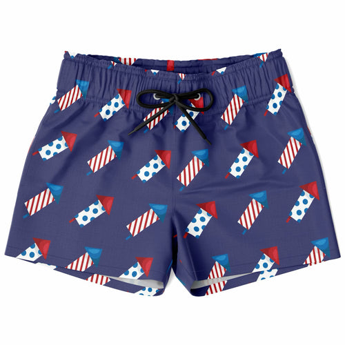 Navy blue boys firework rocket quick drying swim trunks with red white and blue fireworks pattern