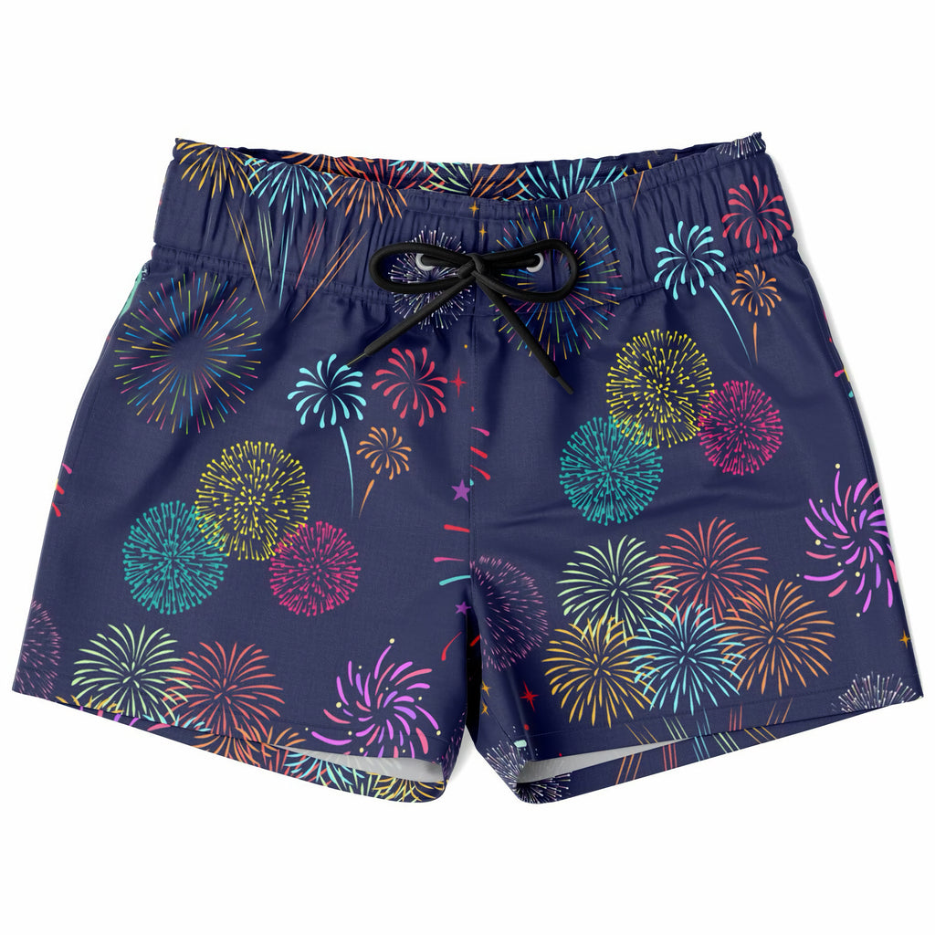 Boys fireworks quick drying swim trunks in navy blue with multicolored fireworks pattern and black drawstrings