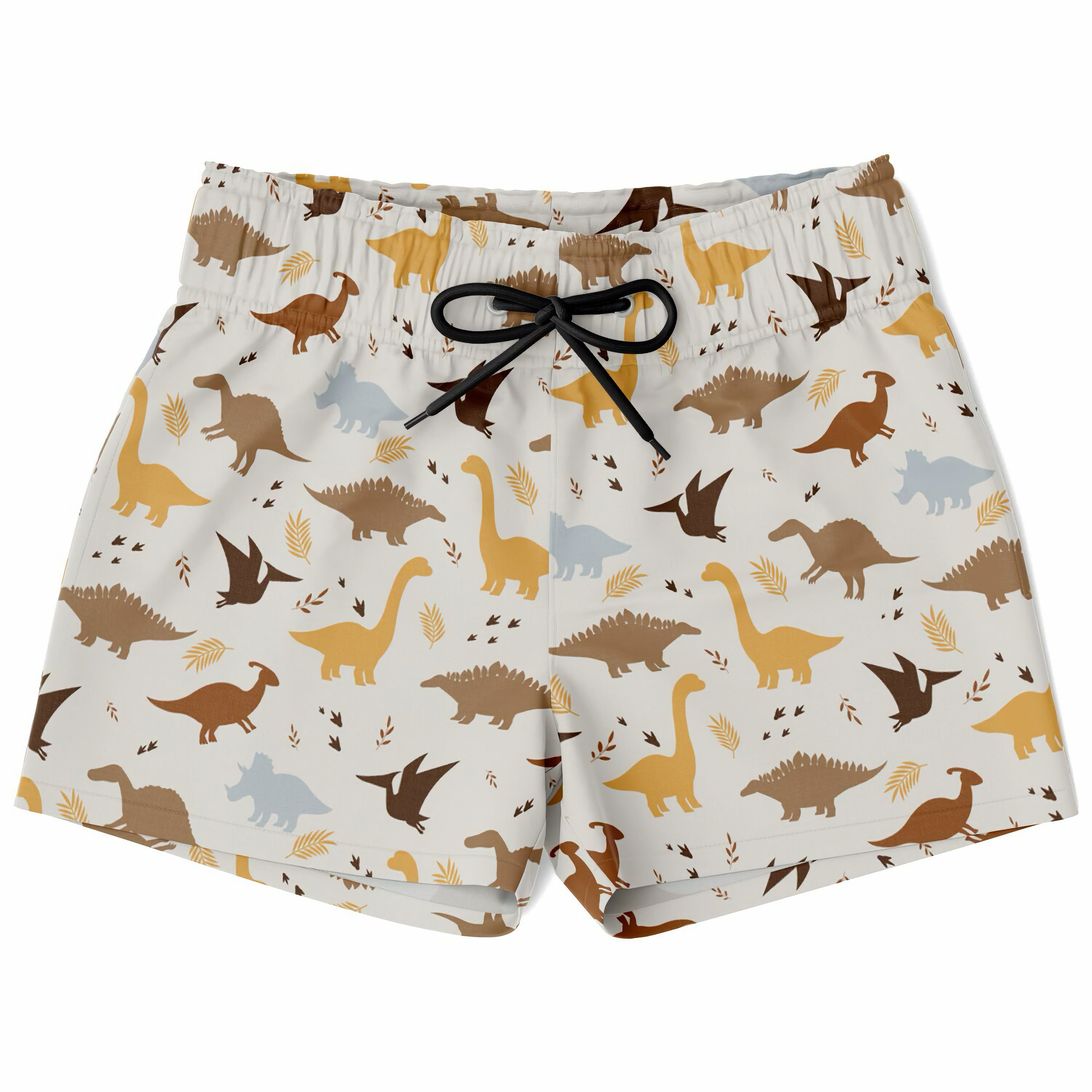 Boys dinosaur quick drying swim trunks in white with playful brown yellow and gray dinosaur pattern and leaf accents
