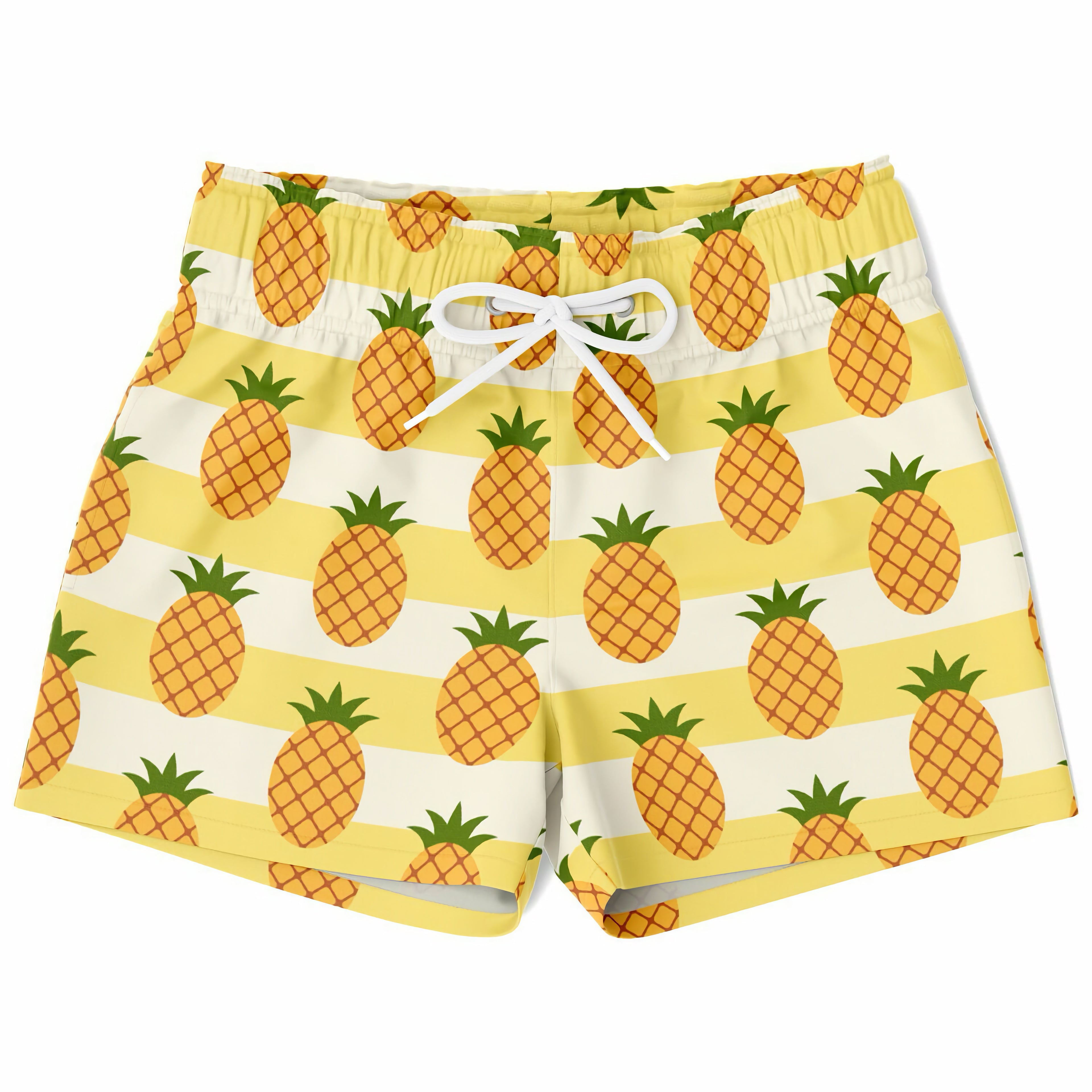 Boys pineapple quick drying swim trunks with yellow and white stripes and cartoon pineapple pattern