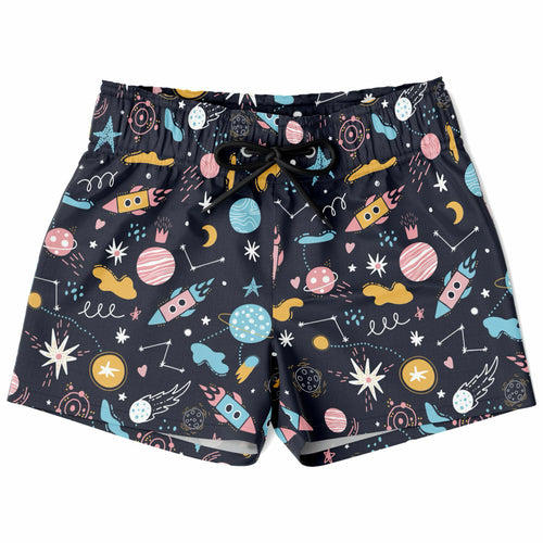 Boys outer space quick drying swim trunks in dark navy with colorful rockets planets and stars pattern
