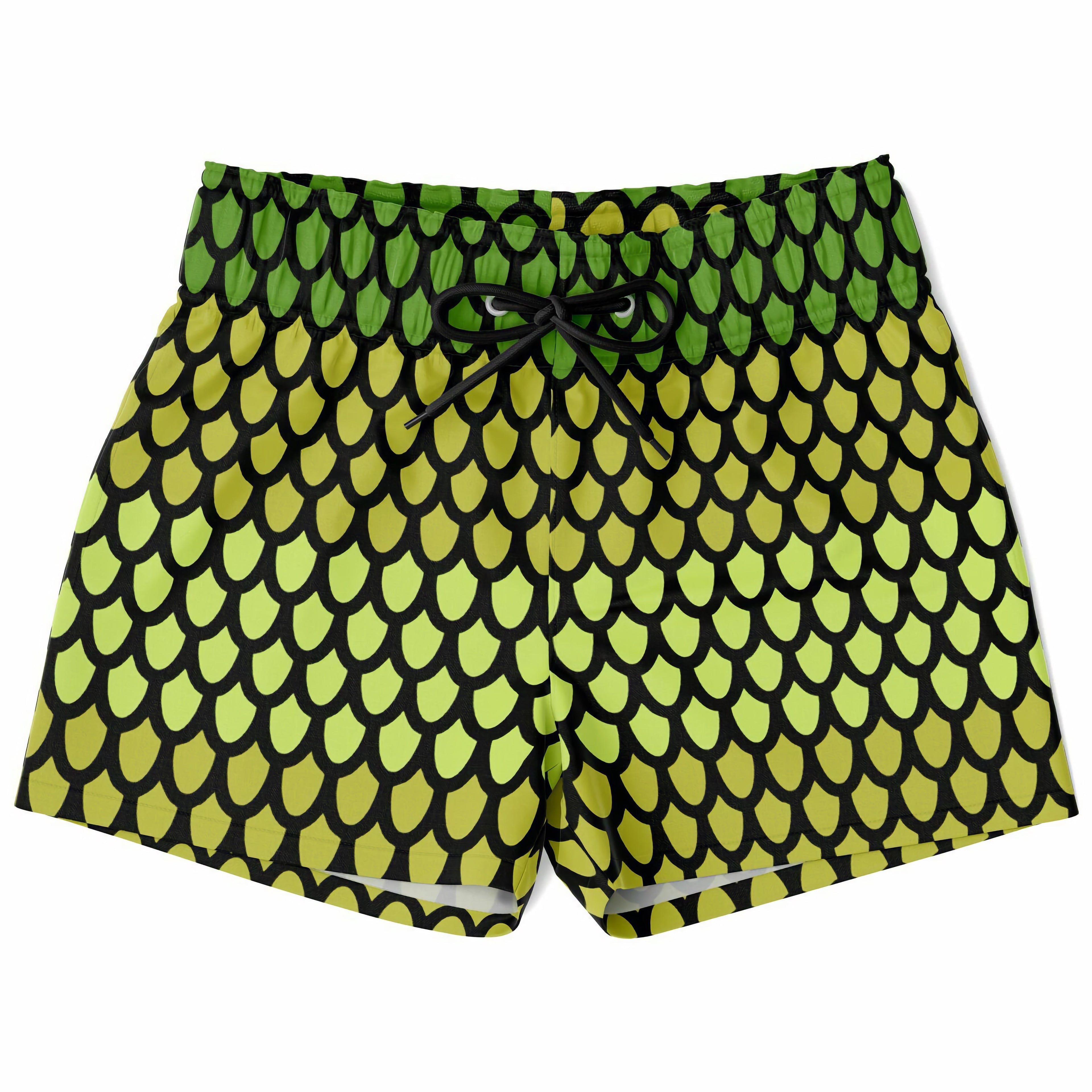 Boys snake scales quick drying swim trunks in bright green and yellow mermaid scale pattern with black outlines