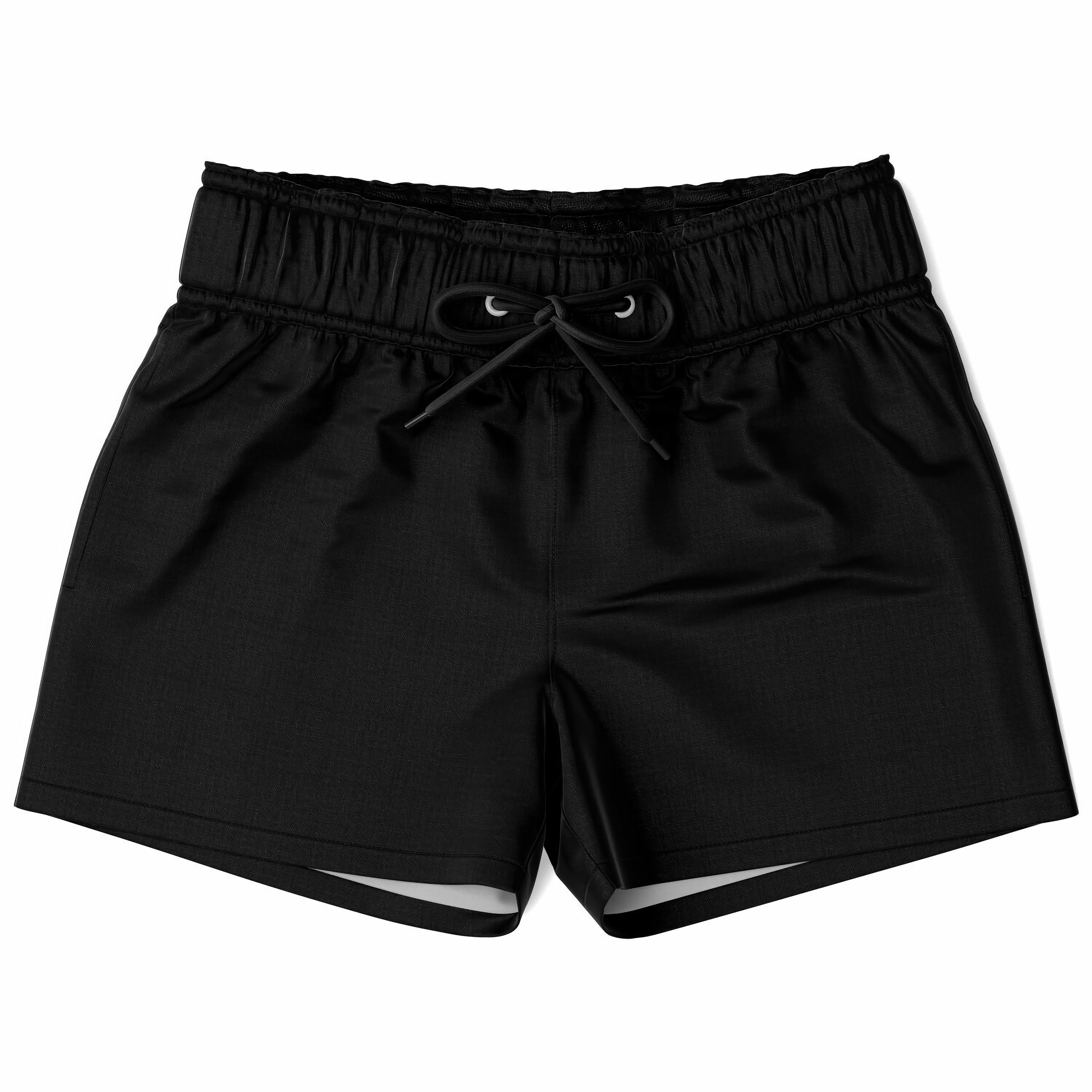 Boys black quick drying swim trunks in satin fabric with elastic waistband and matching drawstring