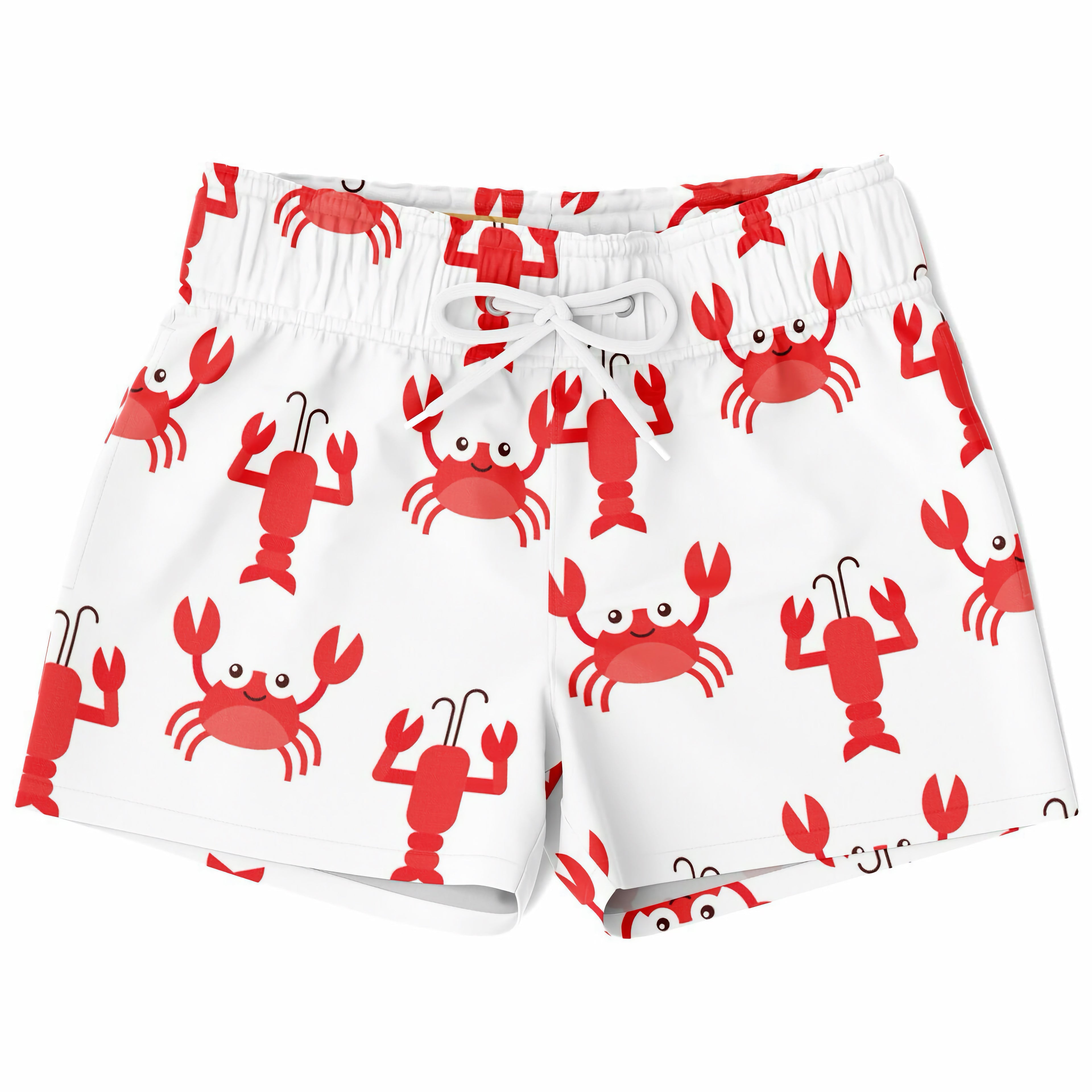 Boys red crabs and lobsters quick drying white swim trunks with a playful red crab and lobster pattern