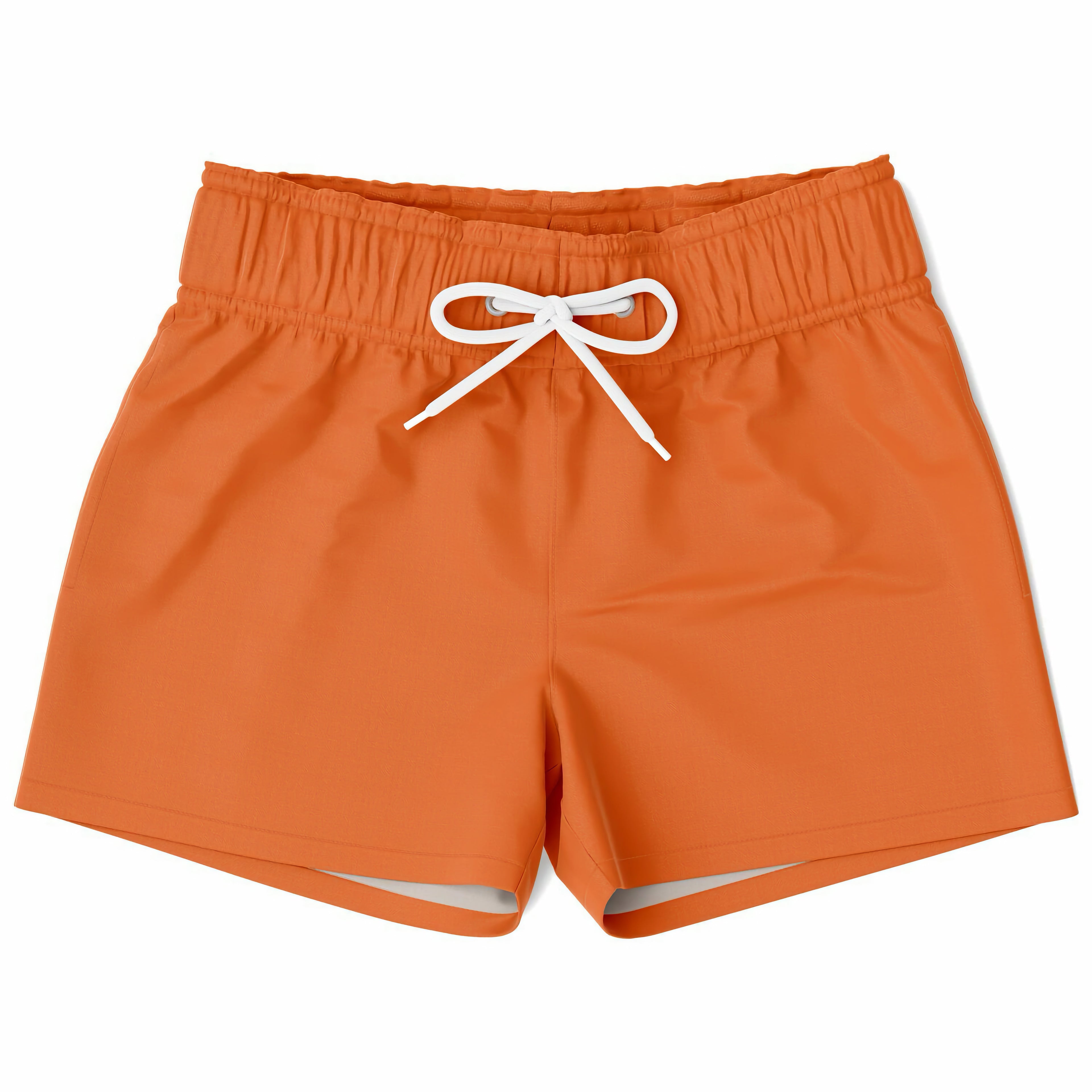 Boys orange quick drying swim trunks with white drawstring waistband made for swimming and beach use