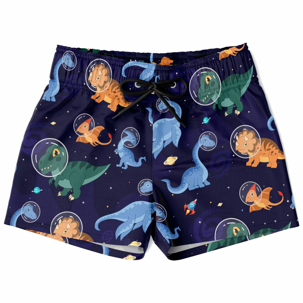 Dark blue boys space dinosaur quick drying swim trunks with colorful dinosaurs in bubble patterns and space motifs