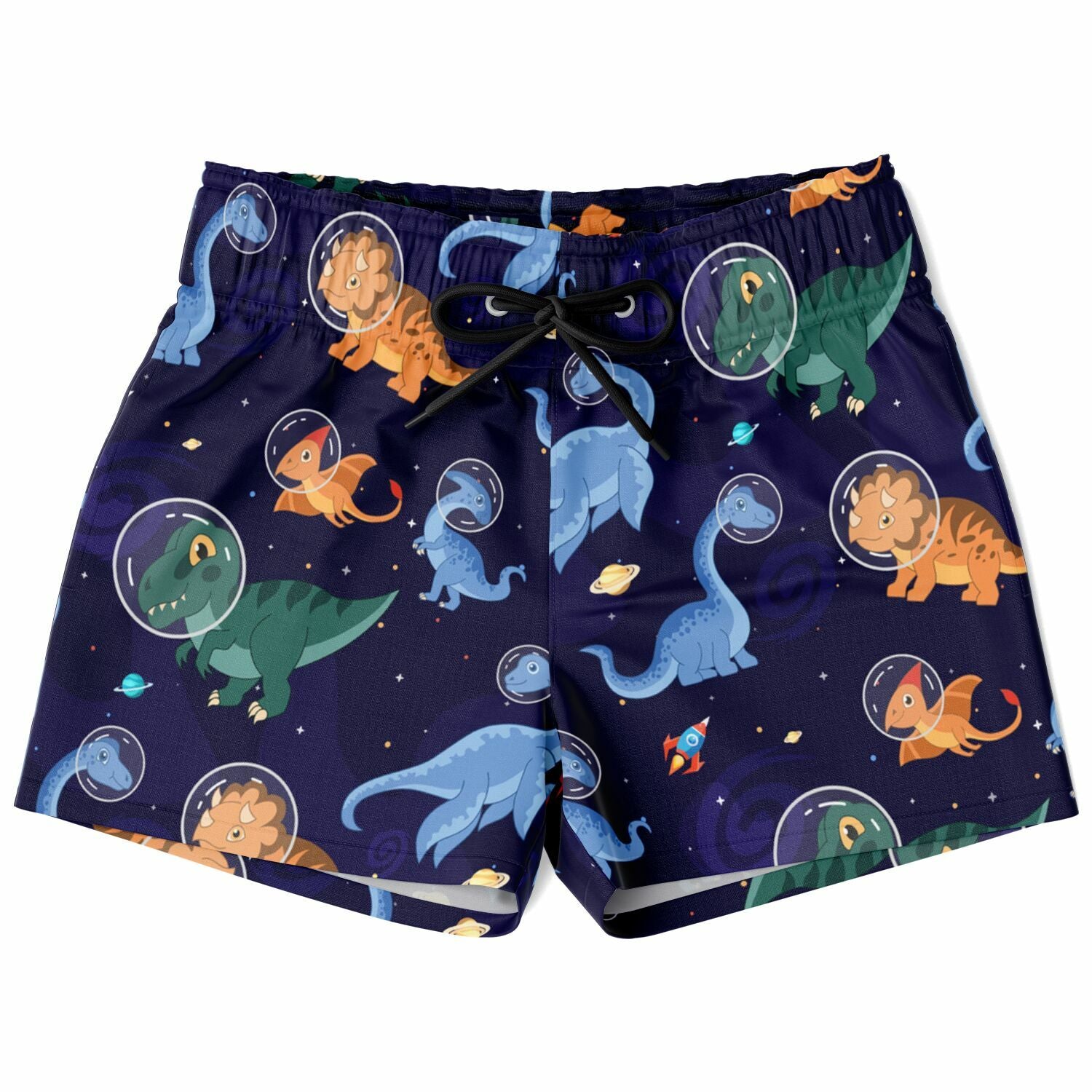Dark blue boys space dinosaur quick drying swim trunks with colorful dinosaurs in bubble patterns and space motifs