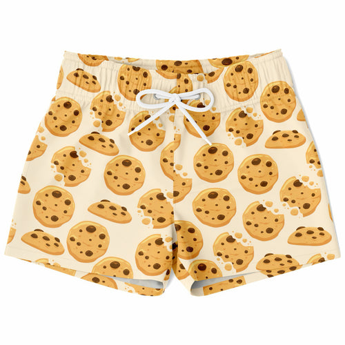 Beige boys chocolate chip cookies quick drying swim trunks with playful cookie print and white drawstrings