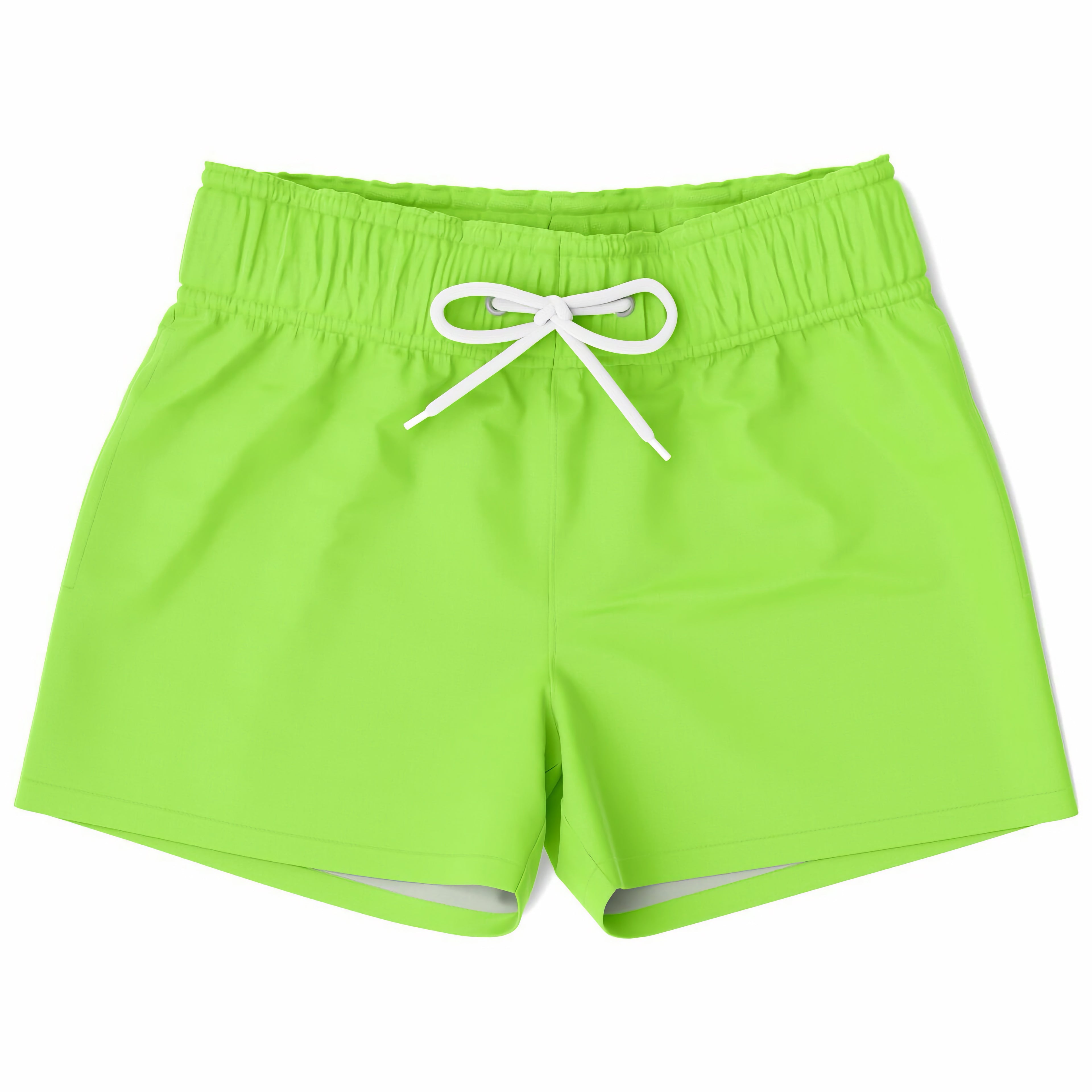 Boys lime green quick drying swim trunks with bright lime green fabric and white drawstring waistband