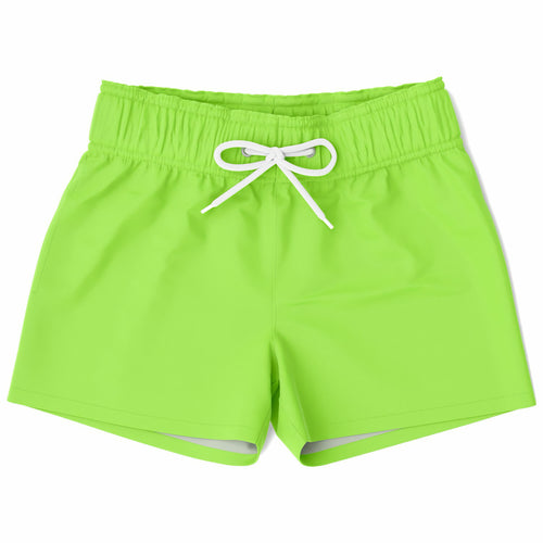 Boys lime green quick drying swim trunks with bright lime green fabric and white drawstring waistband