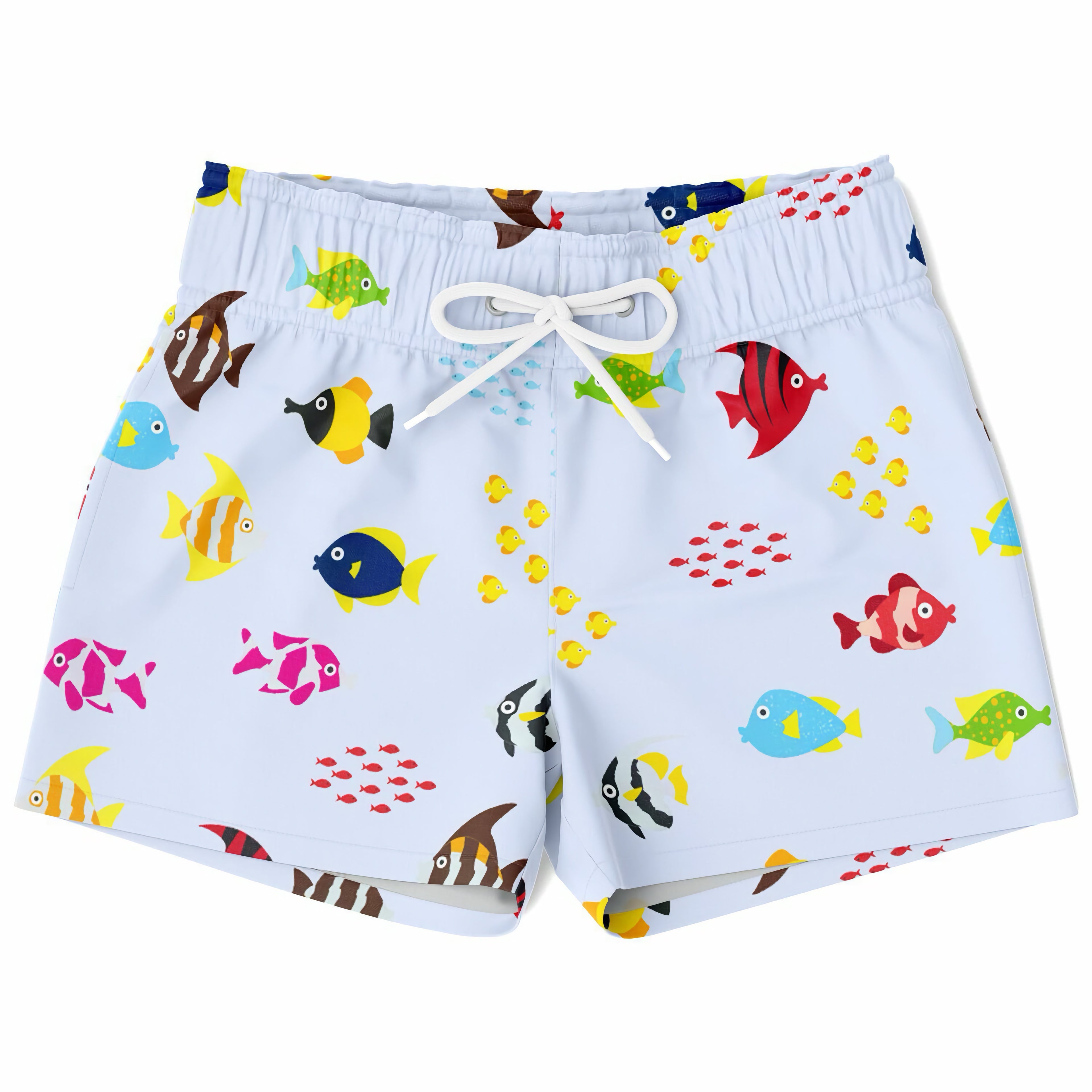 Boys tropical fish quick drying swim trunks in light blue with colorful fish pattern and white drawstring waistband