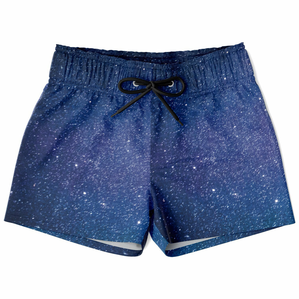 Boys realistic galaxy quick drying swim trunks with blue gradient and white star patterns featuring black drawstrings