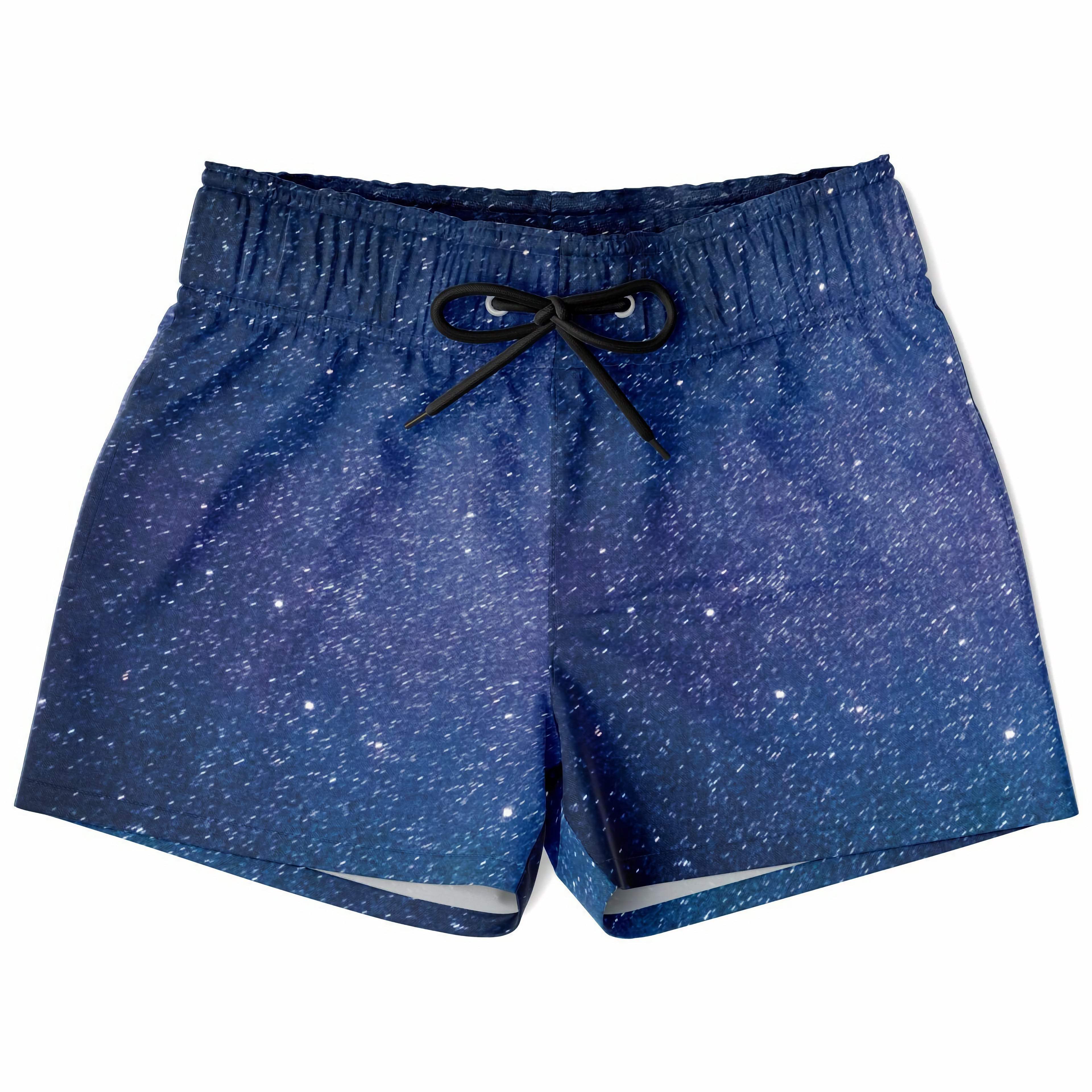 Boys realistic galaxy quick drying swim trunks with blue gradient and white star patterns featuring black drawstrings