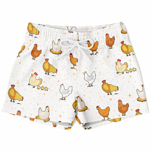 Boys chicken pattern quick drying swim trunks in white with colorful cartoon chicken print and star accents