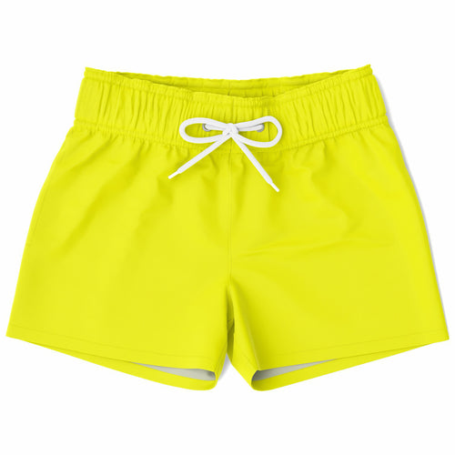 Boys yellow quick drying swim trunks with bright yellow fabric and white drawstring waistband