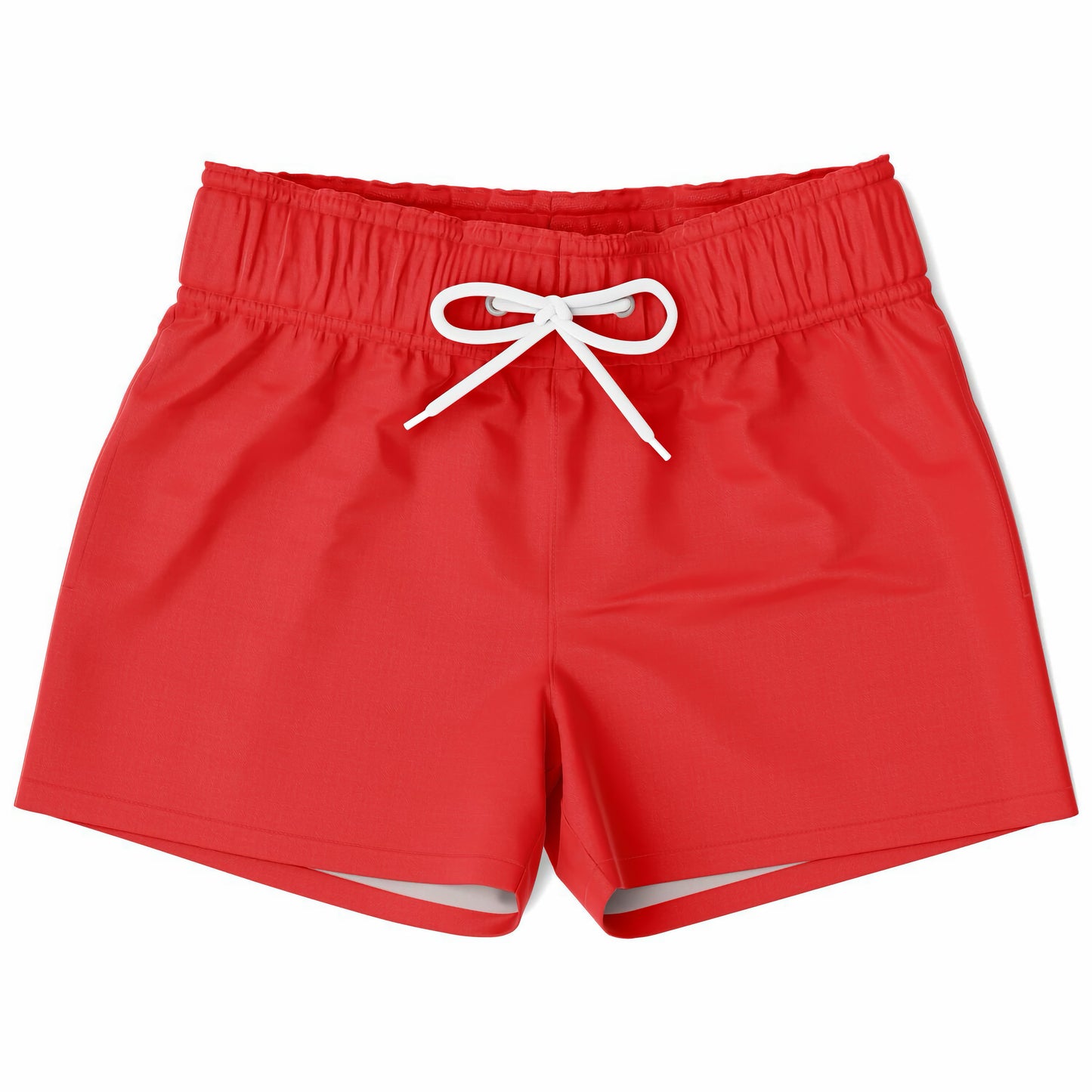 A pair of red boys' quick-drying swim trunks with a white drawstring.