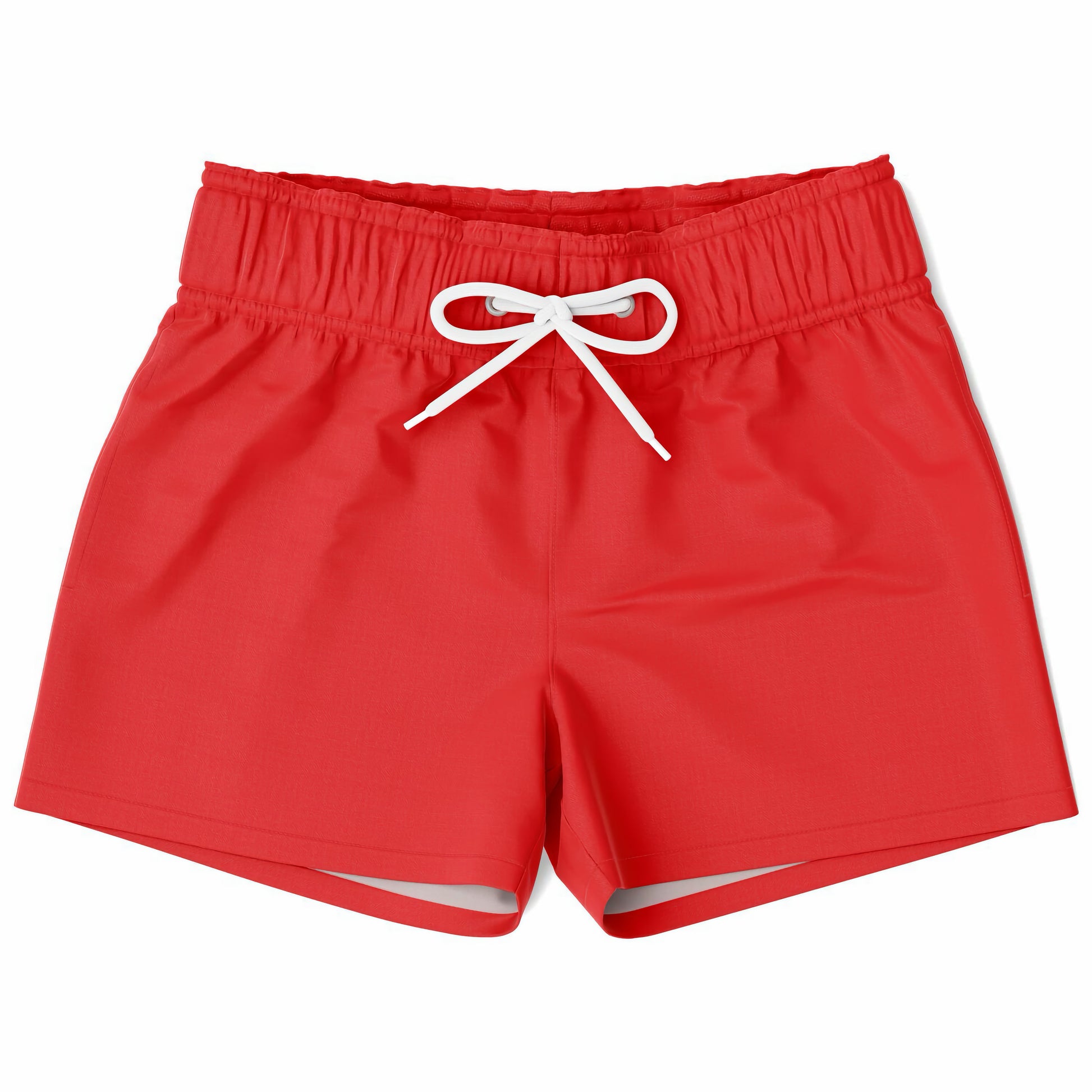 A pair of red boys' quick-drying swim trunks with a white drawstring.