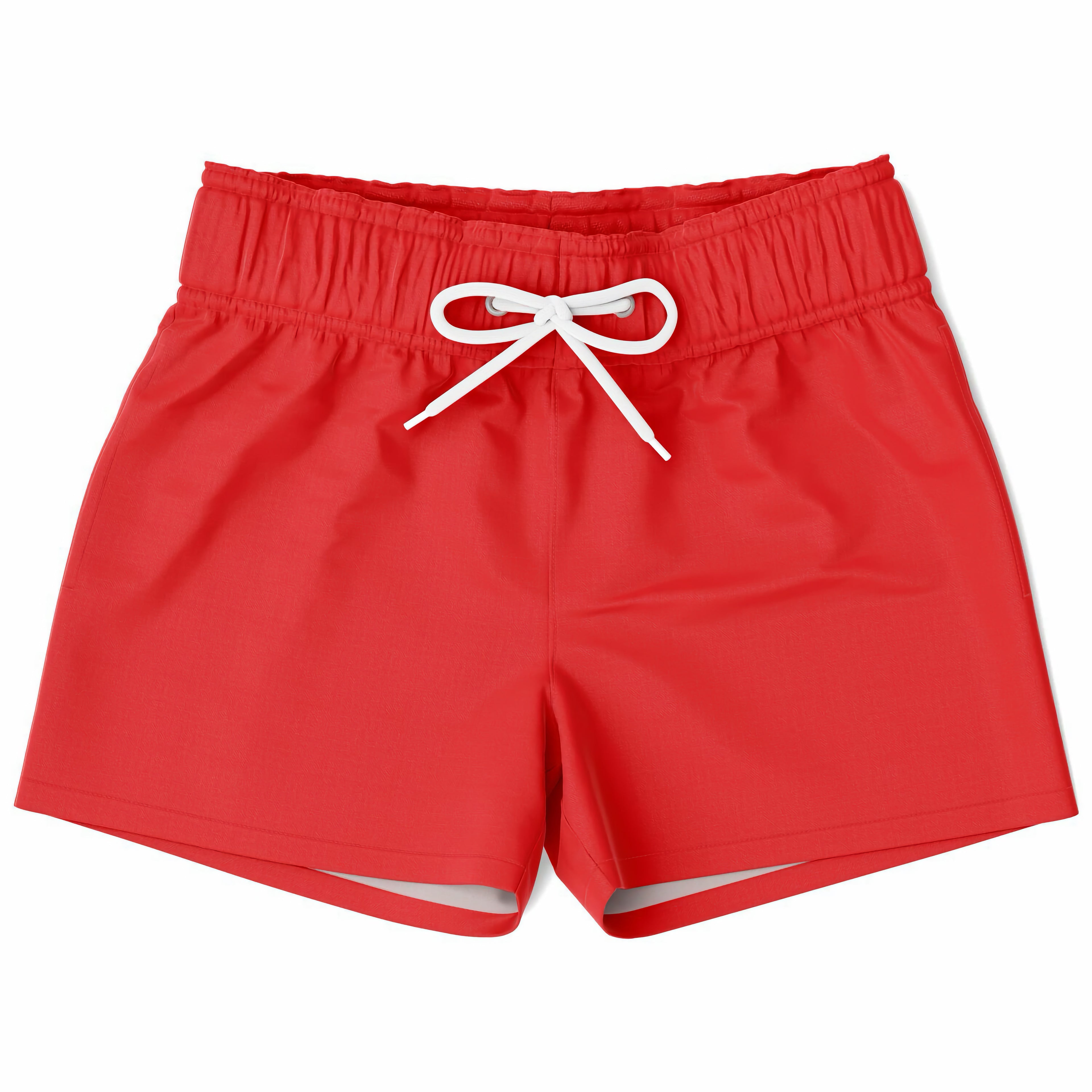 A pair of red boys' quick-drying swim trunks with a white drawstring.