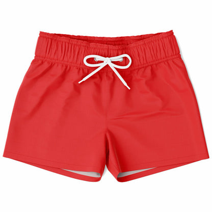 A pair of red boys' quick-drying swim trunks with a white drawstring.
