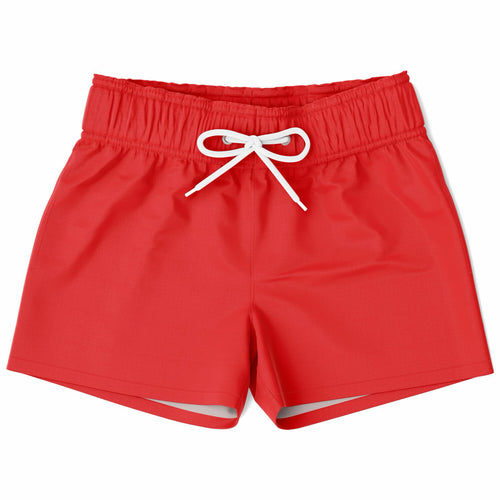 A pair of red boys' quick-drying swim trunks with a white drawstring.