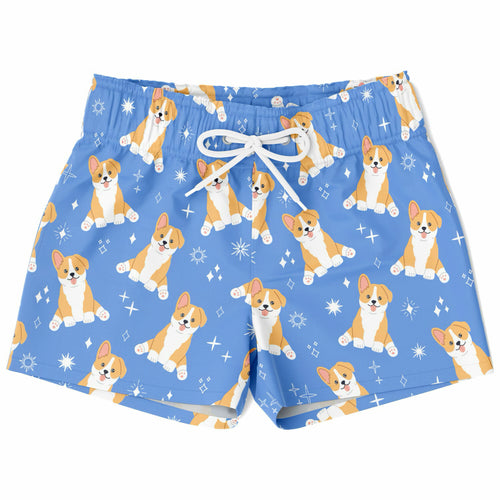 Boys blue corgi dog quick drying swim trunks with playful cartoon corgis sparkles and white drawstrings