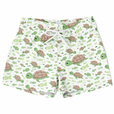 White boys sea turtles quick drying swim trunks with green and brown cartoon turtles and fish pattern