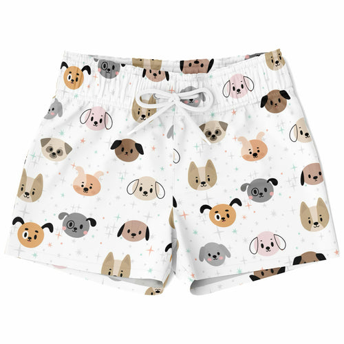 White boys dog face quick drying swim trunks with colorful cartoon dog pattern and subtle star details