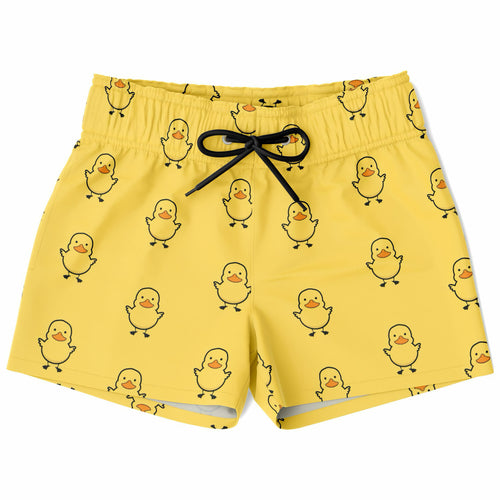 Boys yellow rubber duck quick drying swim trunks with playful cartoon ducklings and black drawstring waistband