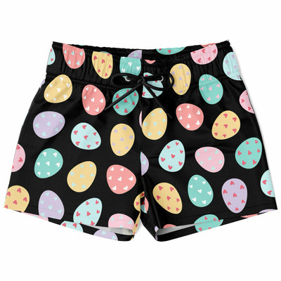 Boys easter egg quick drying swim trunks in black with pastel pink yellow and mint green eggs with heart details
