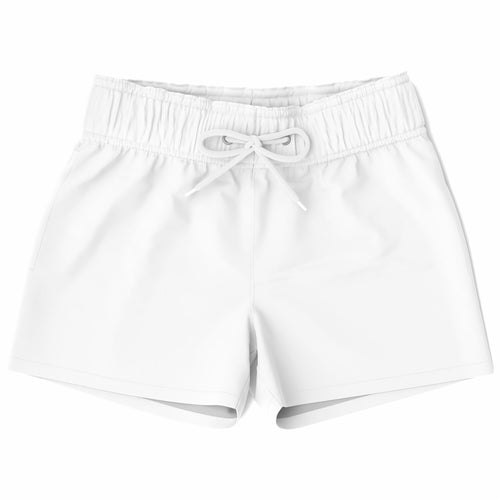 Boys white quick drying swim trunks with lightweight fabric elastic waistband and matching drawstring for comfort