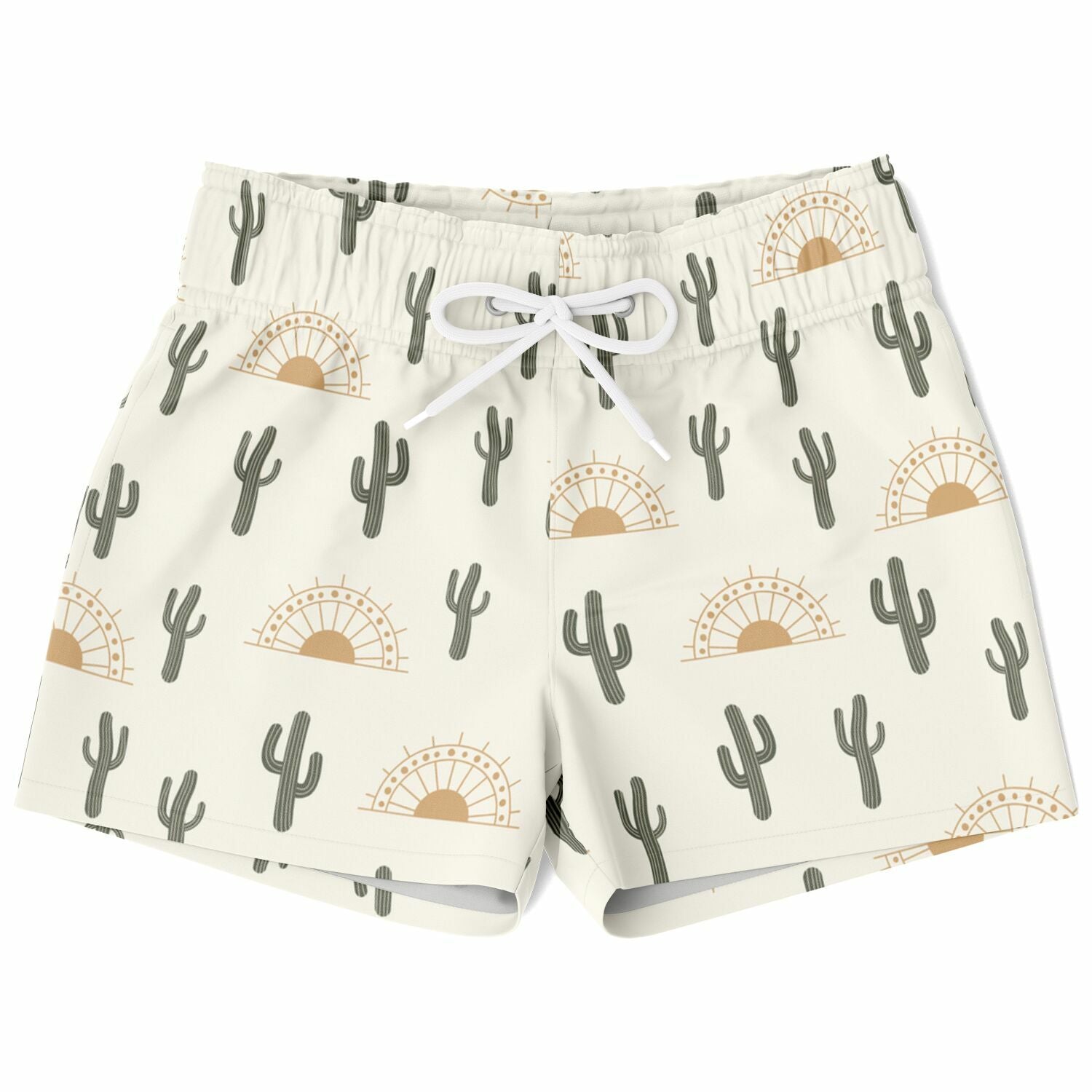 Cream-colored boys quick drying swim trunks with gray cactus and tan sunset pattern and white drawstrings