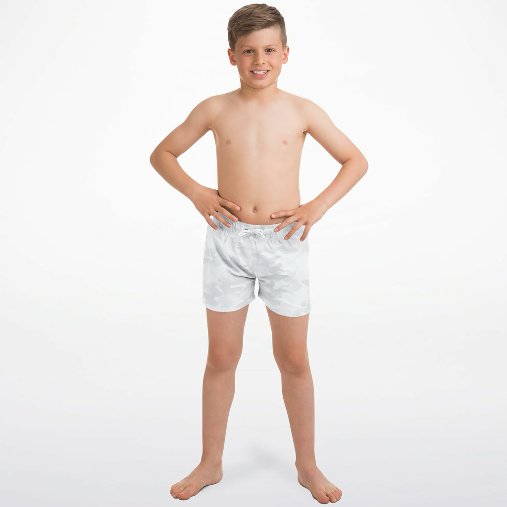 Boys white camouflage quick drying swim trunks in light blue with a drawstring waistband for comfortable fit
