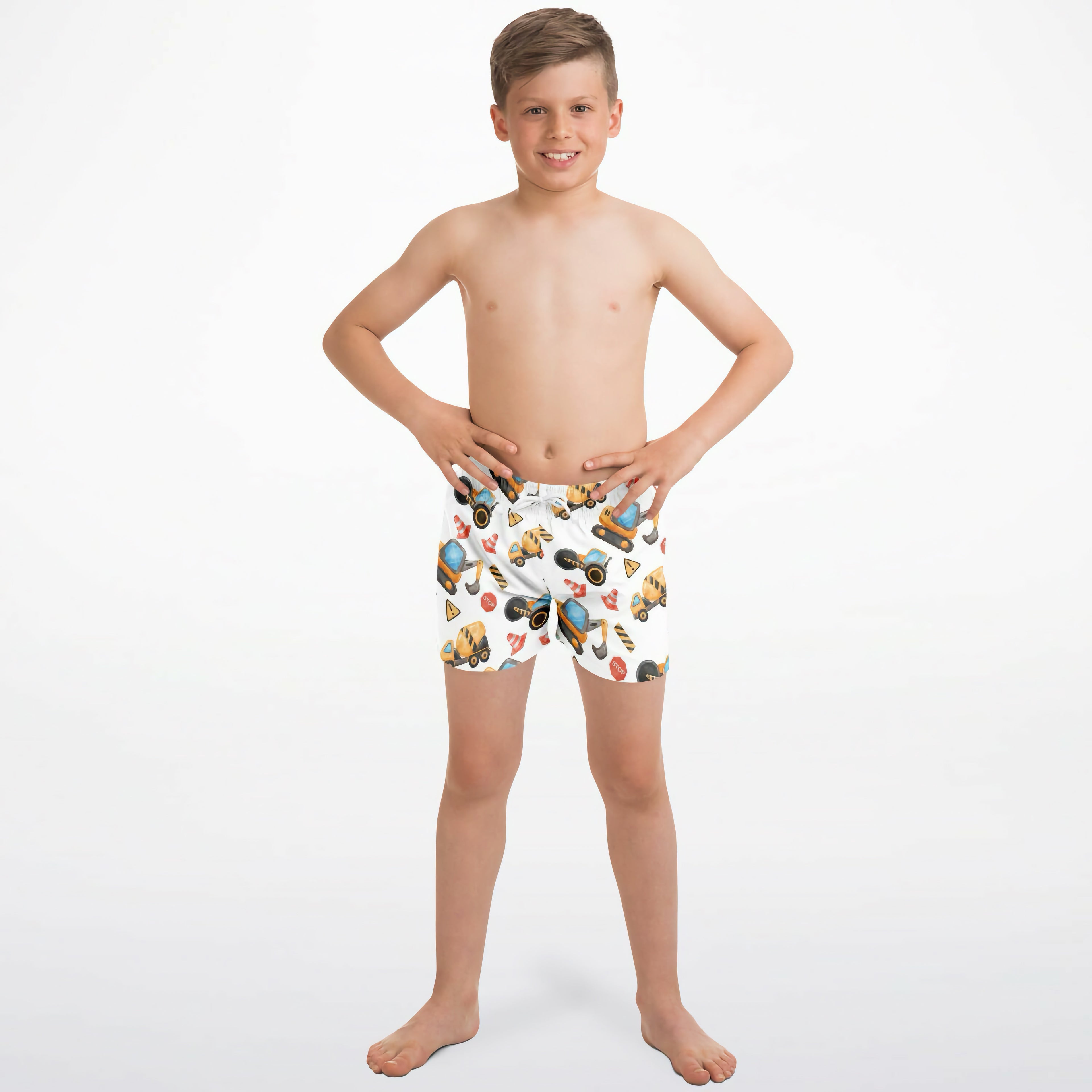 White boys construction quick drying swim trunks with colorful construction vehicle and safety symbol pattern