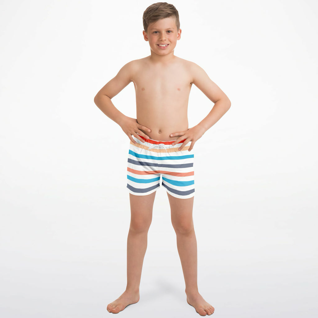 Boys retro stripe quick drying swim trunks with horizontal bands of white blue gray and coral orange