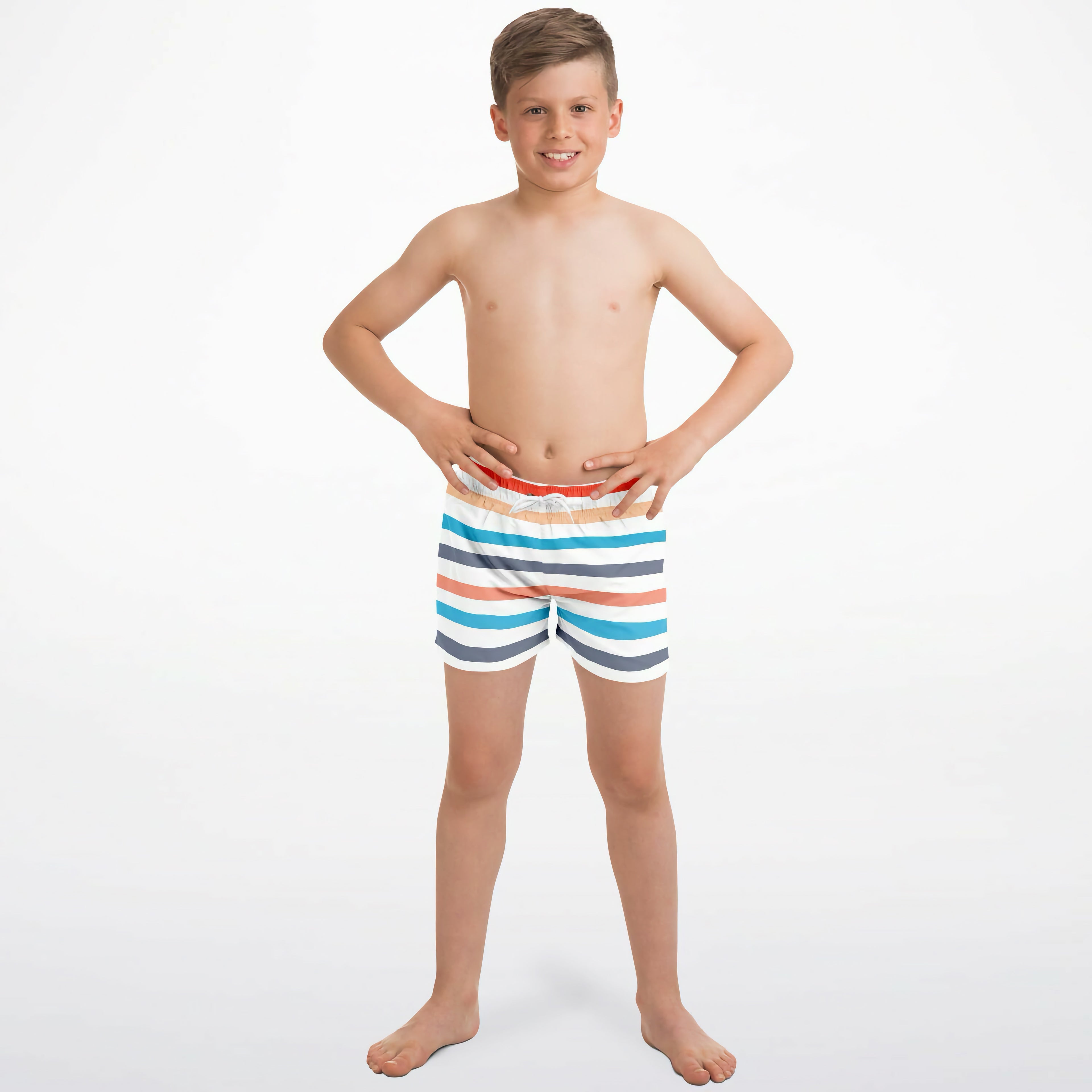 Boys retro stripe quick drying swim trunks with horizontal bands of white blue gray and coral orange