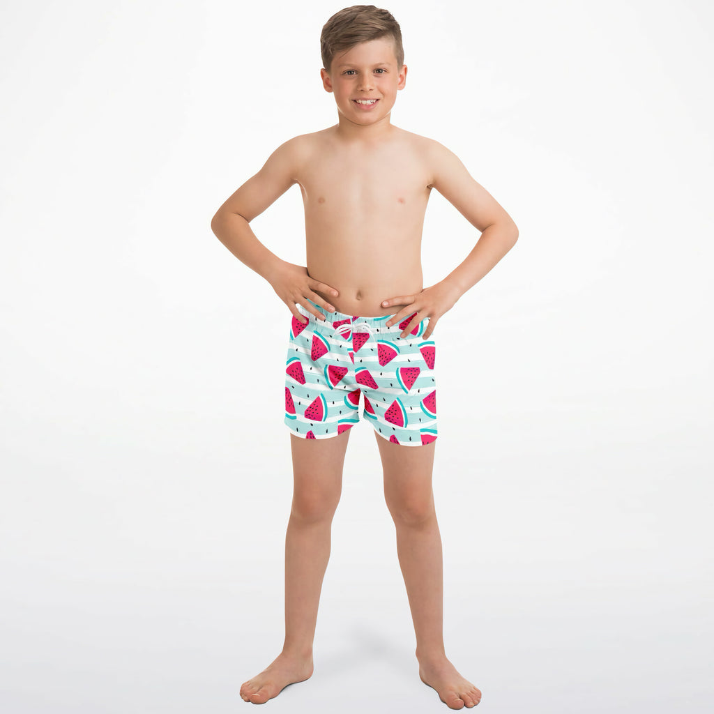 Boys striped watermelon quick drying swim trunks in light blue and pink with a watermelon pattern for swimming