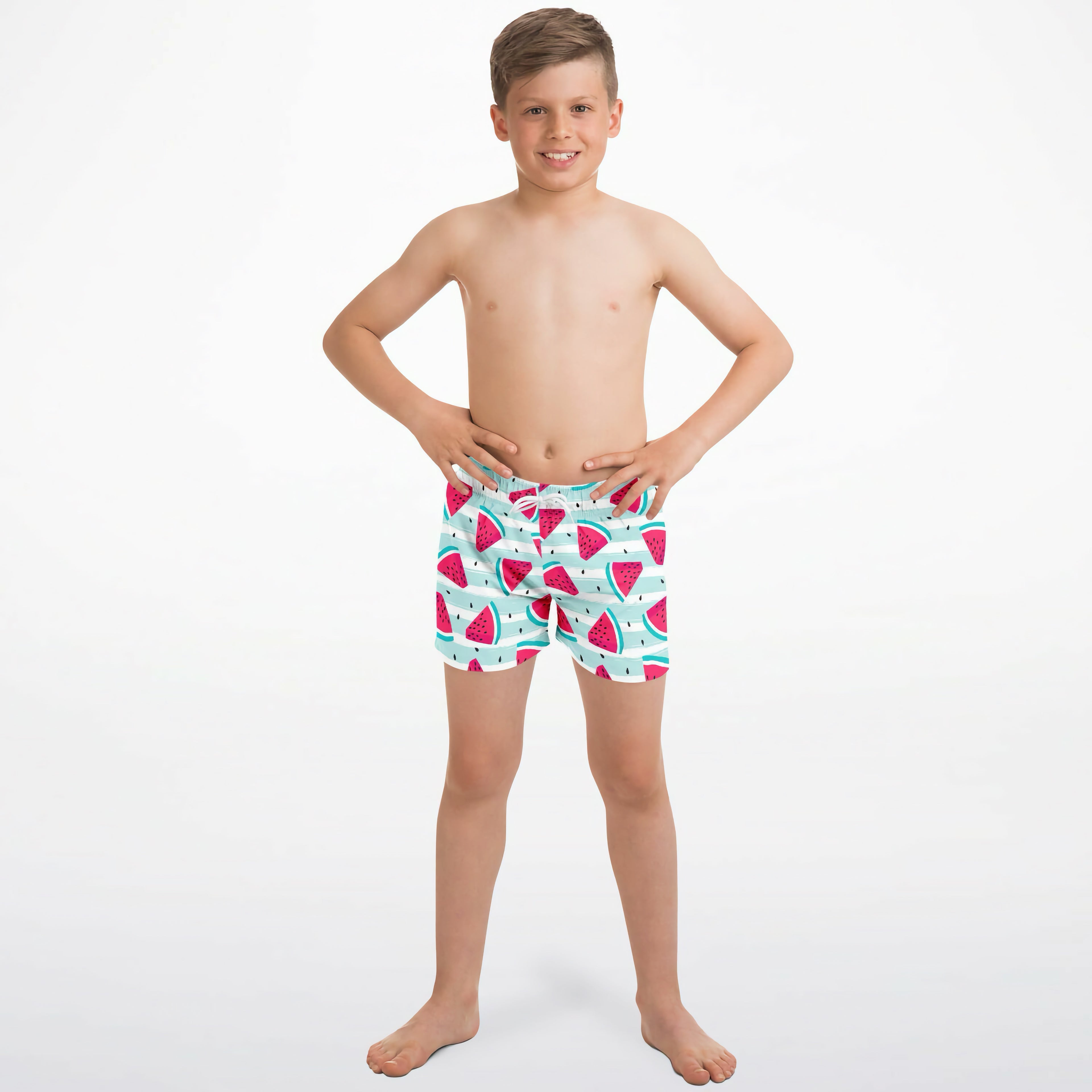 Boys striped watermelon quick drying swim trunks in light blue and pink with a watermelon pattern for swimming