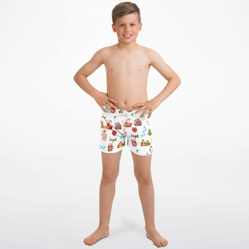 Boys christmas quick drying swim trunks in white with festive santa gingerbread and holiday decoration pattern