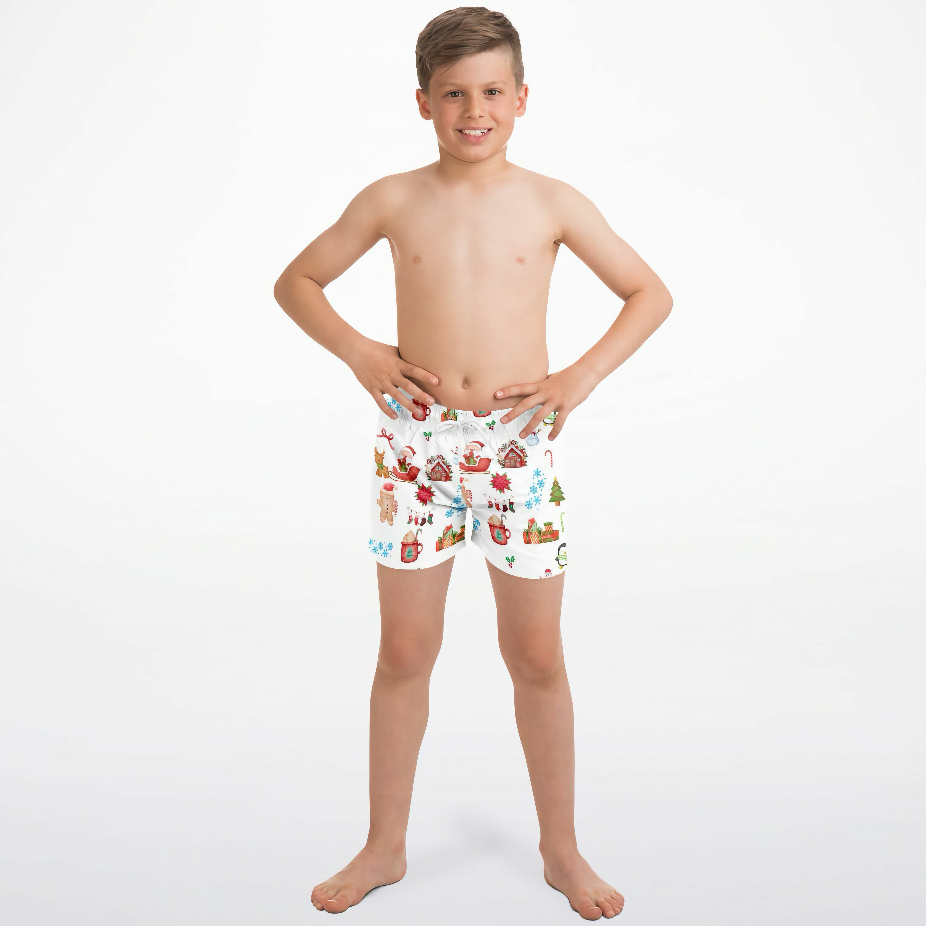 Boys christmas quick drying swim trunks in white with festive santa gingerbread and holiday decoration pattern