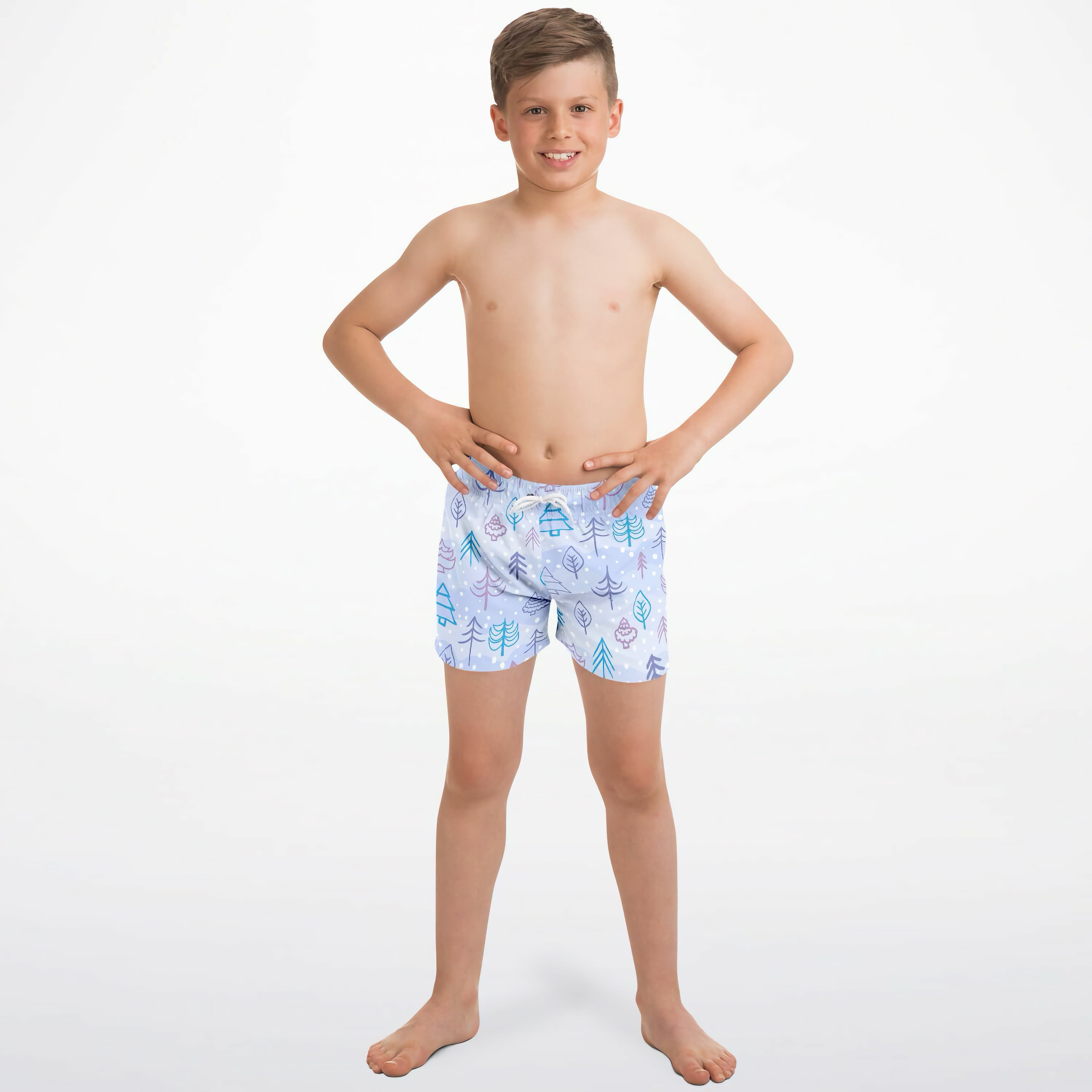 Boys winter snow quick drying swim trunks in light blue with teal purple and white stylized tree and leaf pattern